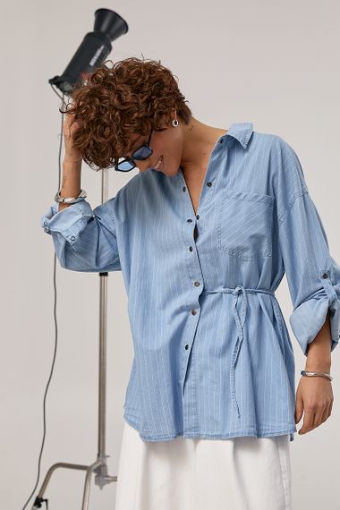 Подовжена вільна сорочка в смужку - блакитний цвет, ONE SIZE (є розміри) | Зображення 4