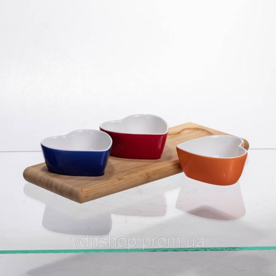 Набір менажниць порцелянових для закусок 3 (шт) по 50 (мл) менажниці у формі серця на бамбуковій підставці TX001 | Зображення 2