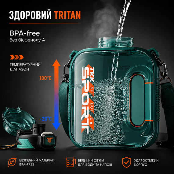 Спортивная бутылка TKK SPORT (1600 мл) - Ударопрочный Tritan, Зеленая прозрачная с ремешком | Зображення 5