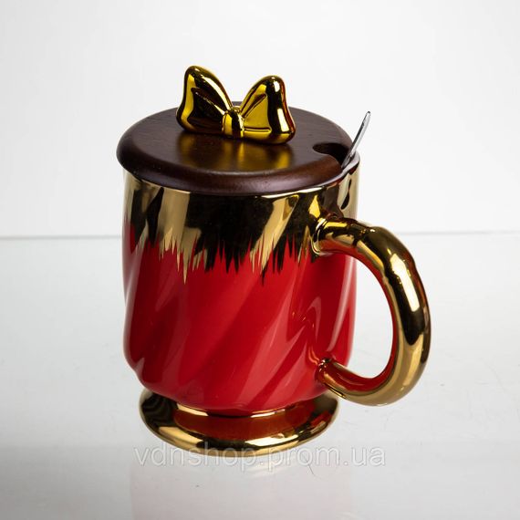 Новорічна порцелянова чашка «Золотий Вихор» 450 мл з кришкою і ложкою Yiwu FM-23C | Зображення 3