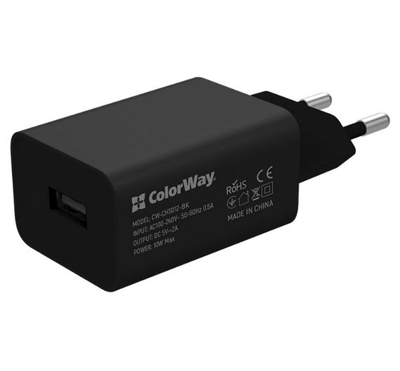 Зарядний пристрій мережевий USB + кабель MicroUSB 2,4A 10W чорний ColorWay CW-CHS012CM-BK | Зображення 2