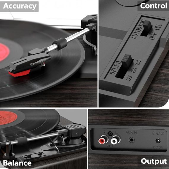 Вініловий програвач платівок FYDEE з Bluetooth, вбудовані стереодинаміки 2×3 Вт, RCA AUX, 3 швидкості, автостоп ретро | Зображення 3