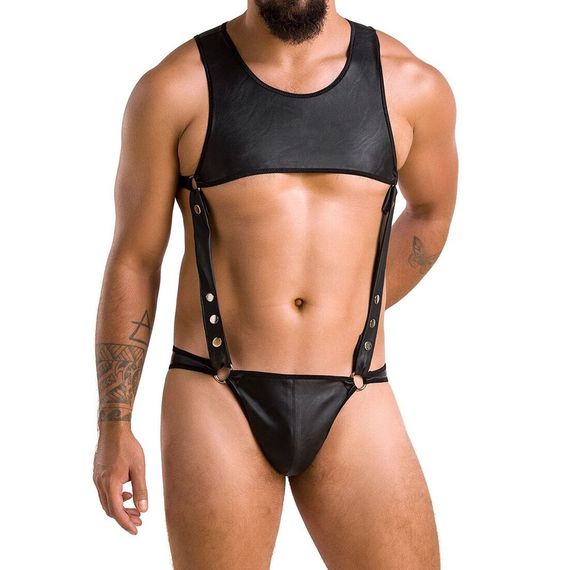 Мужское кожаное боди Passion 056 ADAM S/M Black, заклепки