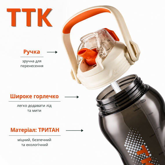 Бутылка TKK 2000 мл - Белая Tritan BPA-free, ударопрочная, спортивная с практичным ремешком | Зображення 5