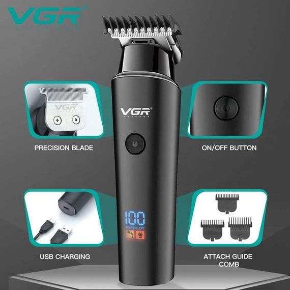 Тример для волосся VGR V-937, з USB-кабелем для зарядки, світлодіодним дисплеєм, 3 насадками | Зображення 1