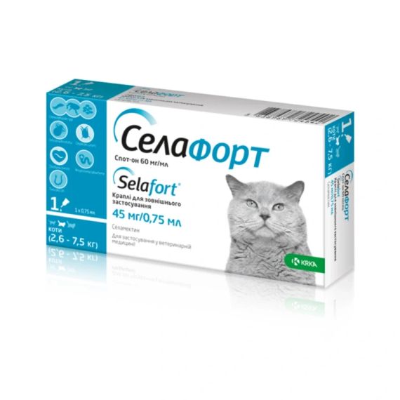 Краплі на холку KRKA Selafort для котів 2,6/7,5 кг 1 піпетка