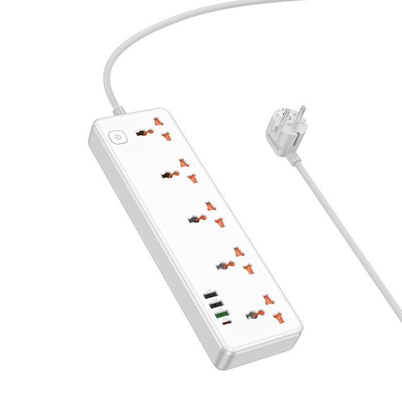 Подовжувач Hoco AC14A Rico PD30W (3USB-A/1C/5xSocket) (1.5m) White | Зображення 2