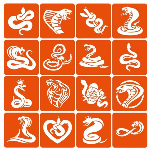 Набір трафаретів для біо-тату "Змії" Snakes-simple-16, 6х6 см 16 простих трафаретів