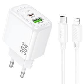 МЗП Hoco CS55A Surplus PD30W+QC3.0 (1USB-A/1C) + кабель Type-C to Lightning White