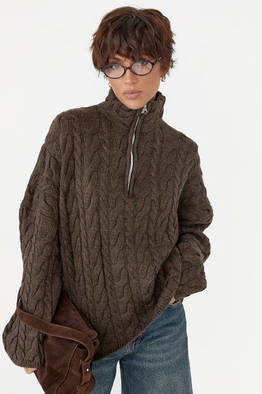 Теплий светр в косички вільного фасону - коричневий цвет, ONE SIZE (є розміри)