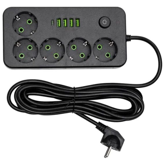 Мережевий фільтр-подовжувач 5 розеток 4xUSB-A 1xUSB-C 5м чорний HP-5-52 | Зображення 1