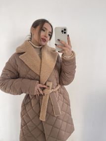 Стьобане пальто із хутряним коміром, 90см, утеплене до -20’С XL, Бежевий