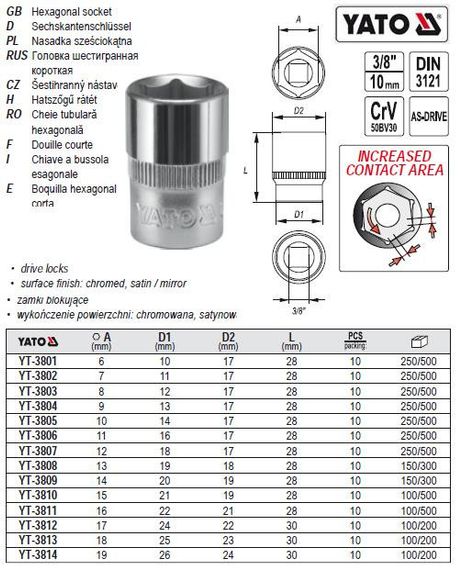 Головка 6-гранна коротка 3/8" М7х28 мм Польща YATO YT-3802