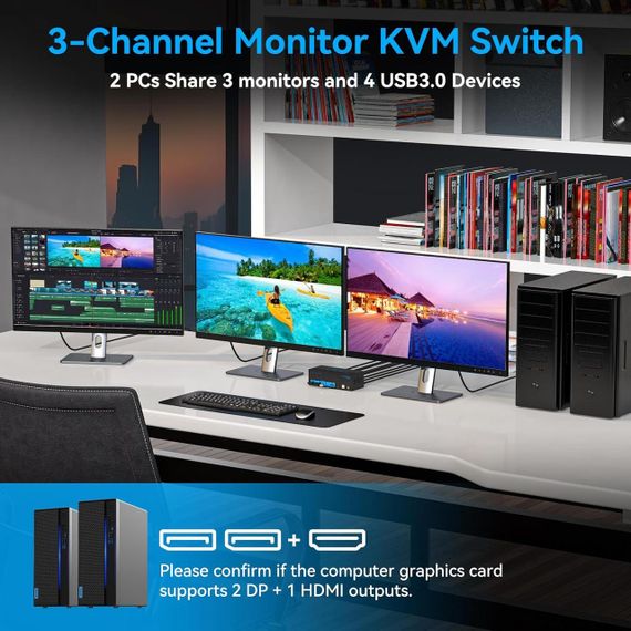 KVM-перемикач HDMI + DisplayPort 8K 60 Гц, 3 монітори, 2 комп’ютери, USB 3.0, настільний контролер, адаптер живлення | Зображення 4