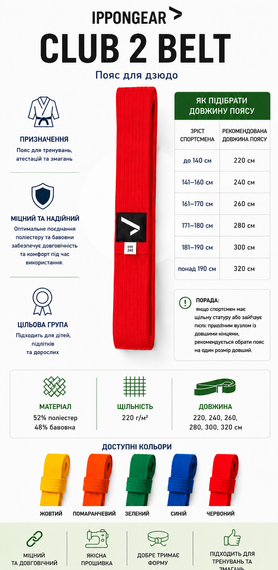 Червоний пояс для дзюдо IPPONGEAR, серія CLUB 2, довжина 280 см | Зображення 5