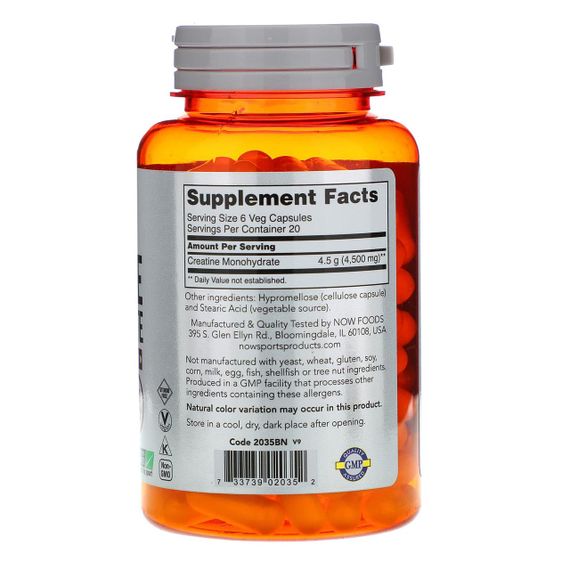 Креатин моногідрат, Creatine Monohydrate, Now Foods, Sports, 750 мг, 120 вегетаріанських капсул | Зображення 1