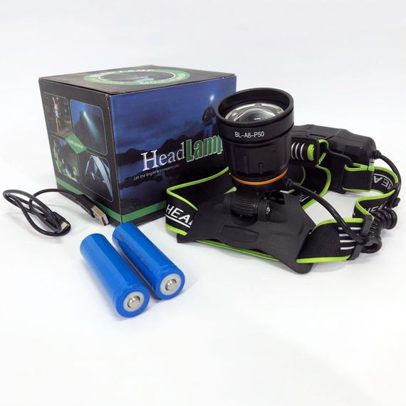 Ліхтар налобний BL-A8-P50, 2 акумулятори 18650, zoom, UK-553 ЗУ microUSB | Зображення 6