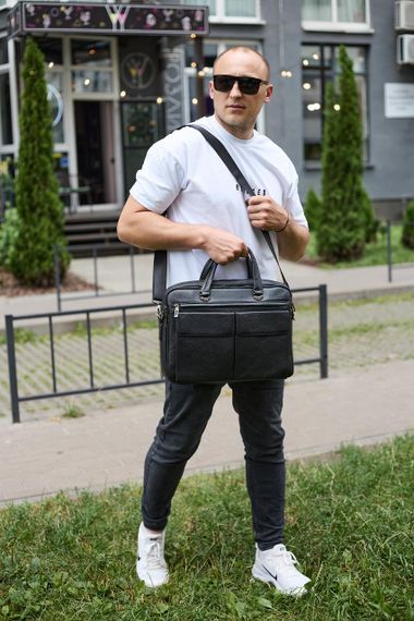 Сумка чоловіча офісна через плече 39х29х10, практичний шкіряний портфель для бізнесу, сумочка для навання, чорний | Зображення 4