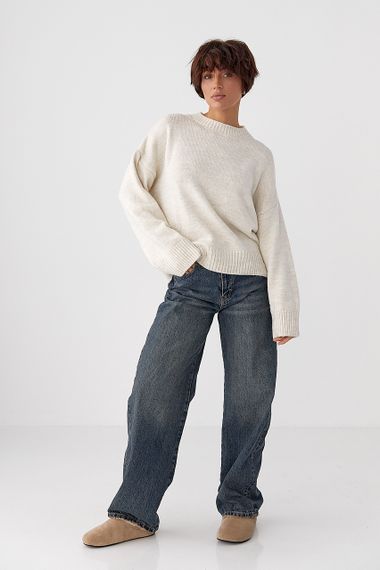 В'язана однотонна кофта вільного фасону - бежевий цвет, XL (є розміри) | Зображення 2