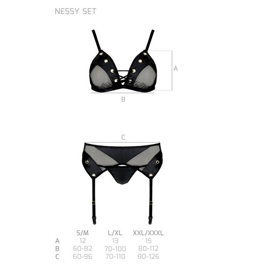 Комплект белья Passion NESSY SET XXL/XXXL black, бюстгальтер, пояс для чулок, стринги | Зображення 4