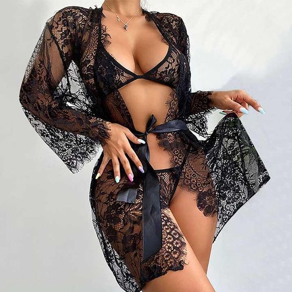 Гарний прозорий мереживний халат із ліфом і стрингами | Зображення 1