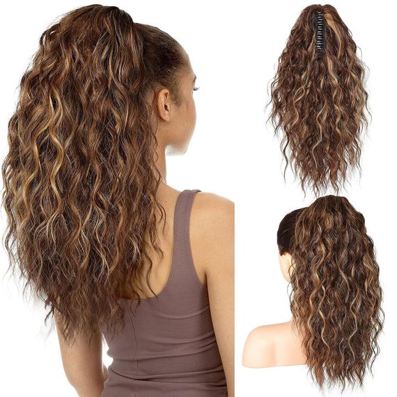 Накладний хвіст каштановий з меліруванням хвилястий, шиньйон на крабі затискачі 45 см, термостійке волосся коричневе з русявим