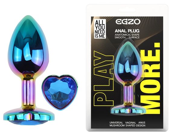 Анальная пробка EGZO Multicolor Heart с синим кристаллом, радужная, размер M Sex Aura