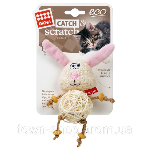 Игрушка для котов Зайчик с плетеным мячиком и колокольчиком GiGwi Catch&scratch, полиэстер, 10 см | Зображення 1