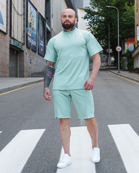 Мужской летний костюм с шортами и футболкой рубчик премиум-качество BD0026 цвет бирюзовый, размер XL
