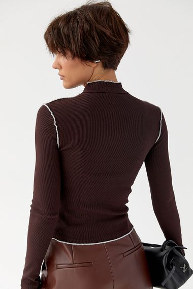 Лонгслів у рубчик з контрастними швами назовні - коричневий цвет, M (є розміри) | Зображення 1