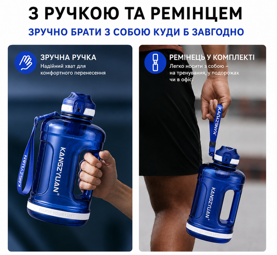 Бутылка для воды KANGZYUAN 1500 мл Tritan BPA Free Синяя (с ручкой и ремешком) | Зображення 6