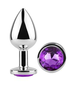 Анальная пробка EGZO Silver Round Plug S из медицинской стали с фиолетовым кристаллом Sex Aura