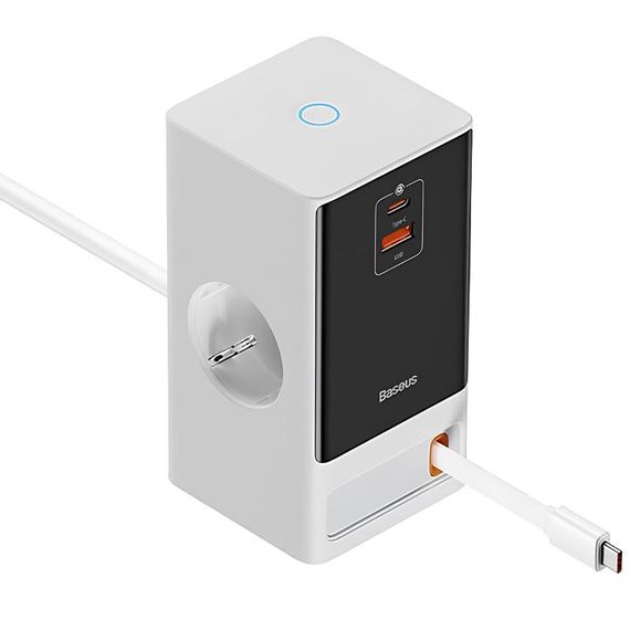 МЗП Baseus OS PowerCombo Digital PowerStrip+Retractable-C 65W (1USB-A/1C/2Socket) (1.5m) (PSLR000) Glacier White | Зображення 1