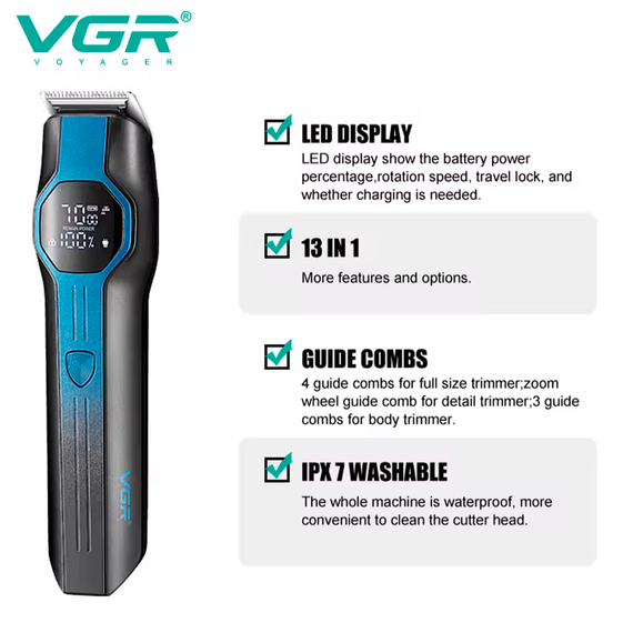 Набір для стрижки VGR 13 в 1 V-173 BLUE, 13 насадок, LED дисплей | Зображення 7