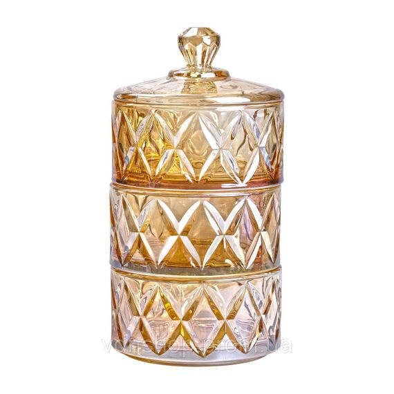 Конфетница трехуровневая Ø 10 см стеклянная с крышкой коричневая HP-YH-80 | Зображення 1