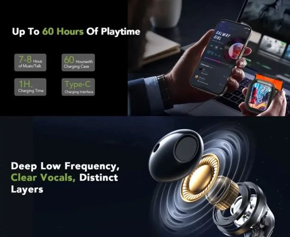 Бездротові навушники HTC NE20 AI з функцією переведення в режимі реального часу, Bluetooth V6.0 iPhone/Android, Black | Зображення 6