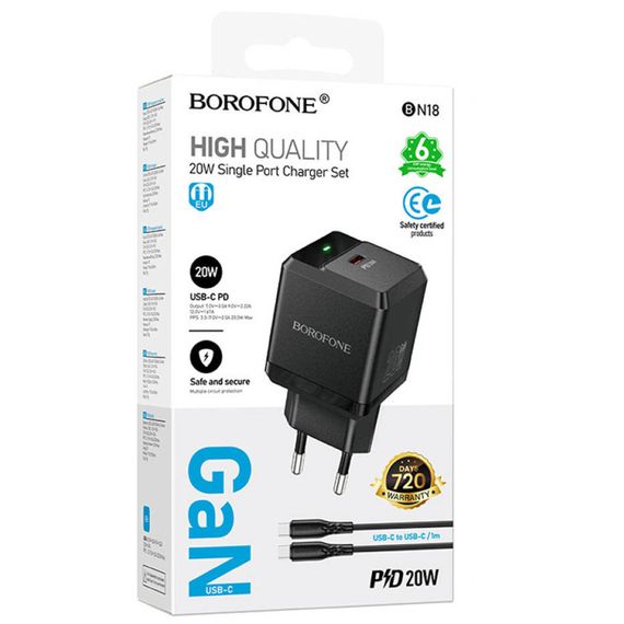 МЗП Borofone BN18 Intenso PD20W (1USB-C) + кабель Type-C to Type-C Black | Зображення 1