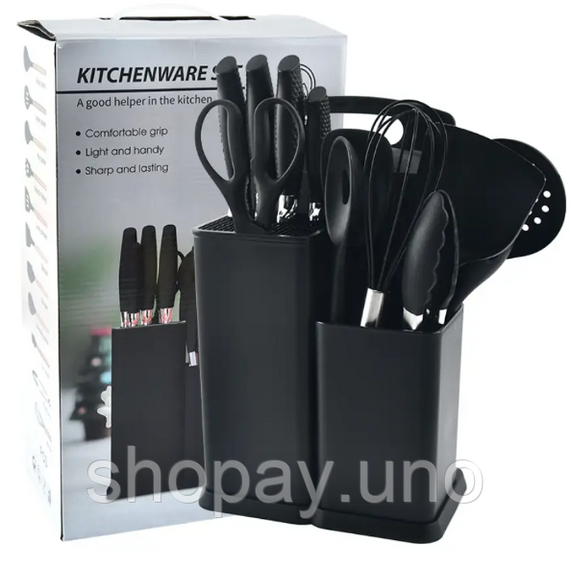 Кухонний набір ножів та аксесуарів Kitchenware Set, 20 предметів ∙ Інструменти для кухні з підставкою та обробною дошкою