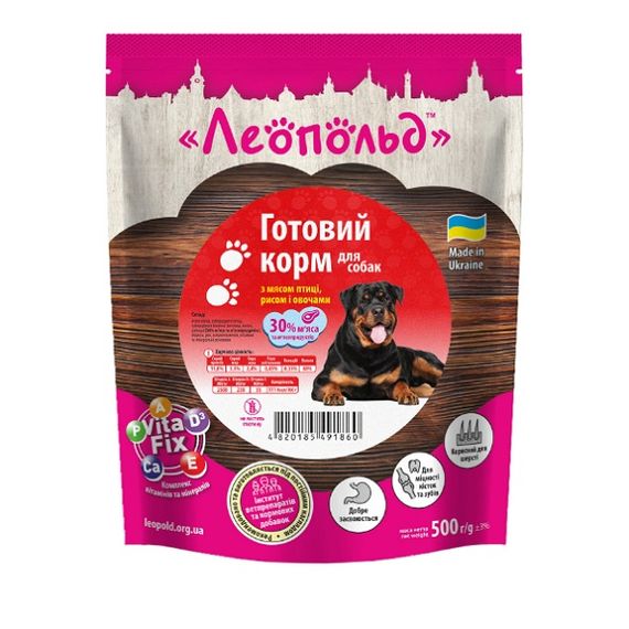 Леопольд Готовий корм з м'ясом птиці, рисом та овочами для собак, пауч (дой-пак) 500 г (12шт/уп)