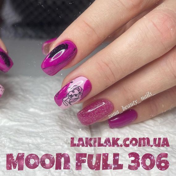Гель-лак Moon Full №306 напівпрозорий рожевий з різнокольоровим шимером 8мл