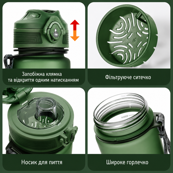 Экологическая бутылка KANGZYUAN 500 мл - Зеленая Tritan BPA-free, ударопрочная, с герметичной крышкой и ремешком | Зображення 4