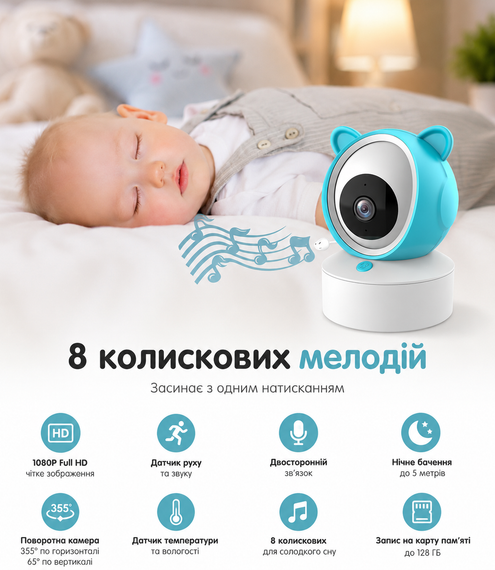 Видеоняня C8 WiFi с экраном 5 дюймов / Видеоняня управления со смартфона, датчик звука, движения, ночное видение | Зображення 3