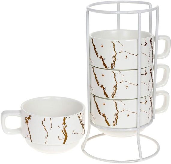 Набір 4 порцелянові чашки "Мармурова Розкіш" 200мл на підставці, білий із золотом