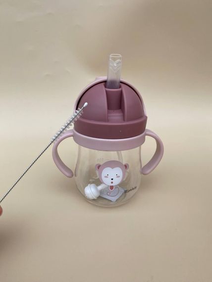 Поїльник непроливайка з трубочкою і грузиком обізяна пудровий колір 250мл | Зображення 2