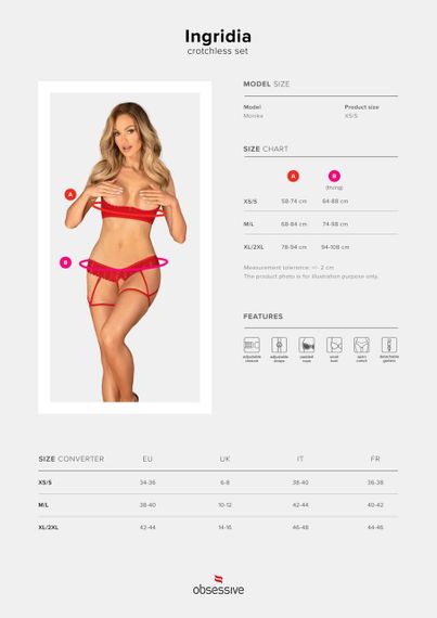 Комплект Obsessive Ingridia 2-pcs crotchless set XL/2XL, червоний, з доступом, відкриті груди sexstyle | Зображення 4