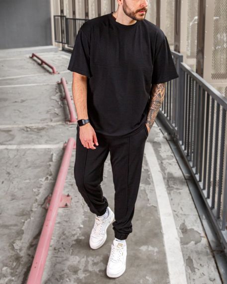Мужской летний спортивный костюм двойка футболка + штаны BD0016 размер L, цвет черный | Зображення 1