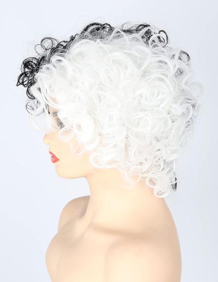 Коротка жіноча кучерява перука Круелла Де Віль Чорно-біла, термостійка, на Хелловін, косплей, корпоратив Topcosplay | Зображення 3