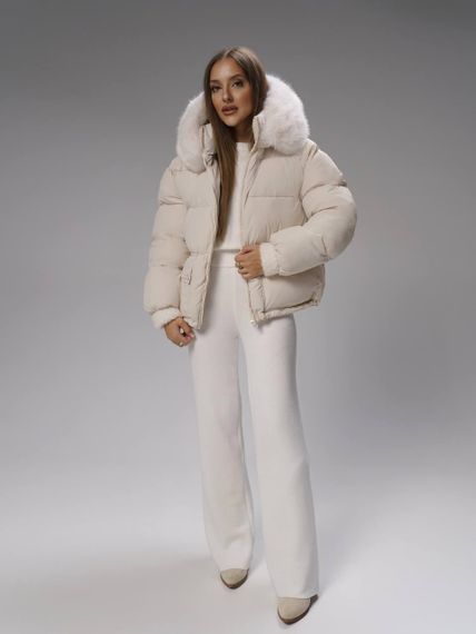 Пуховик з опушкою вкорочений Cozy Puffer, молочний XL | Зображення 1