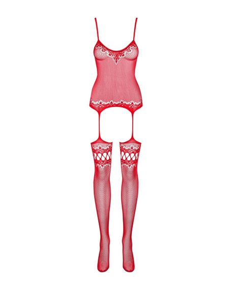 Бодістокінг Obsessive Bodystocking F214 red S/M/L, імітація корсета та панчіх на підв’язках | Зображення 4