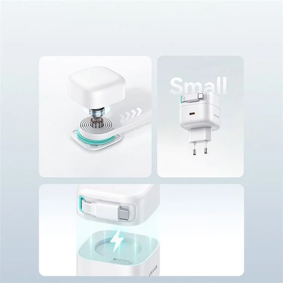 СЗУ Usams US-CC202 GaN With Type-C Magnetic Retractable Cable Module XMF Ser. 35W (2USB-C) White | Зображення 4